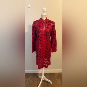 Vintage Lamar Red Leather Leaf Cutouts Jacket Sz L
